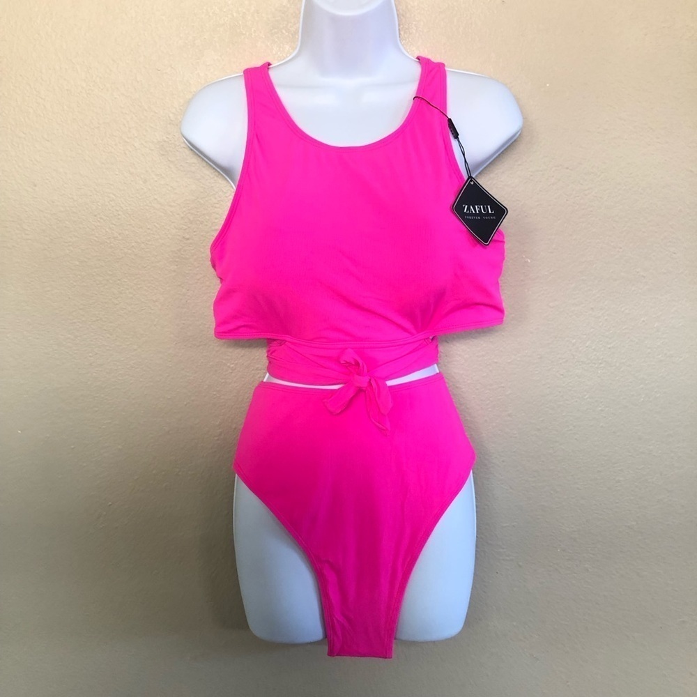 ZAFUL Women's High Waisted Cut Out Tie  Scoop Neck Two Pieces Swimsuit Sz 12-14